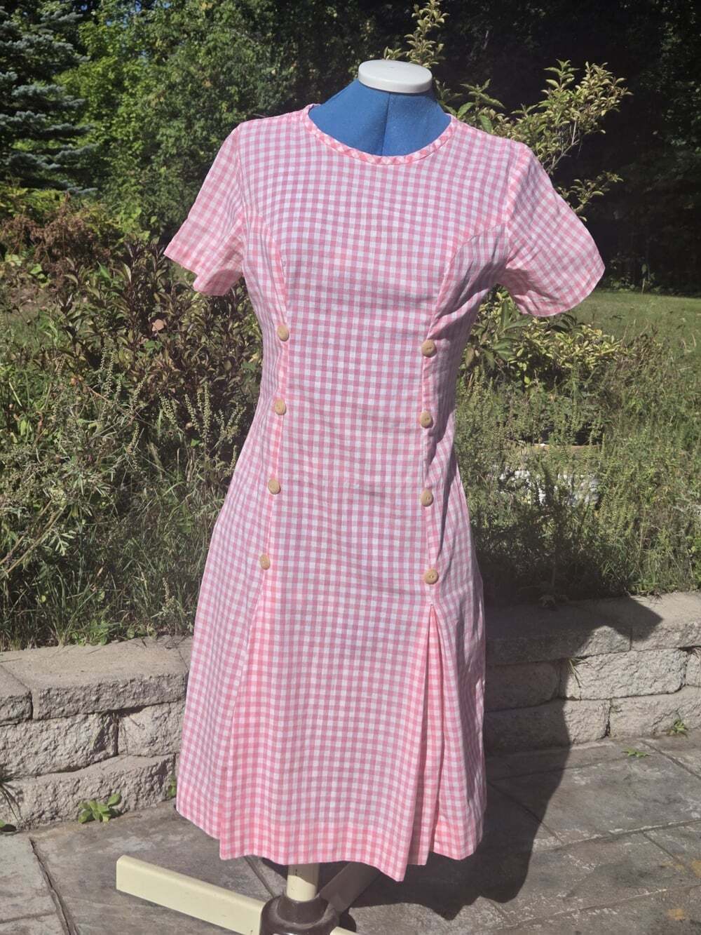 Vtg Pink Gingham Pleated Shift Day Dress Bill Sims Sz S Metal Zip Retro 60s